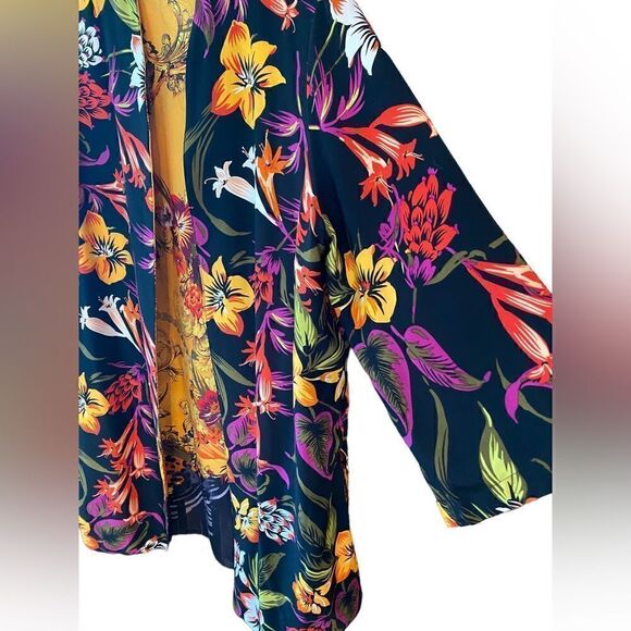 Japanese Designed Reversible Black Yellow Floral Glamorous Kimono Duster Jacket - Picture 9 of 9